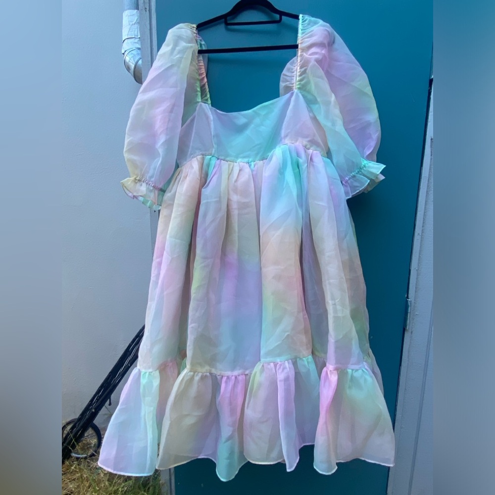 Rainbow Watercolor Selkie Puff Dress XL